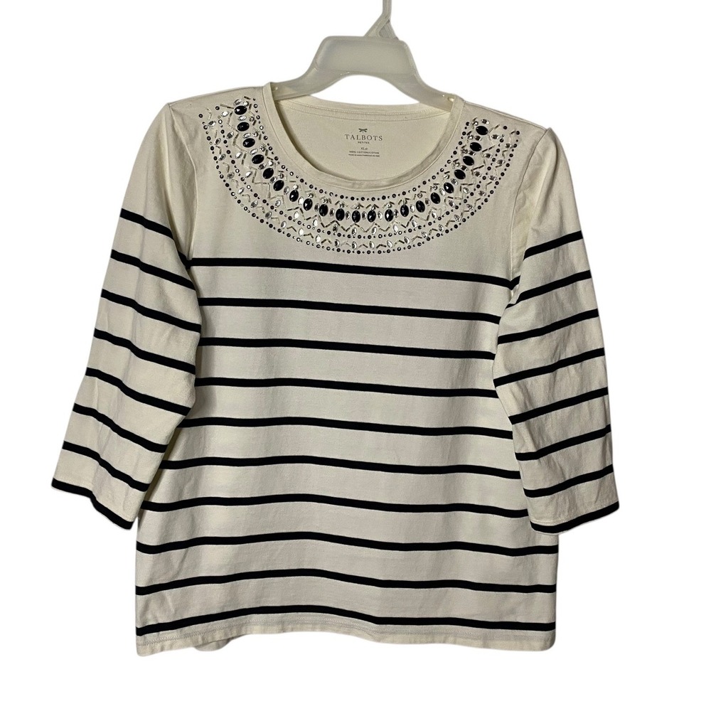 Talbots Women's Cream Black Striped Beaded Embellished Pullover Top XL Petite
